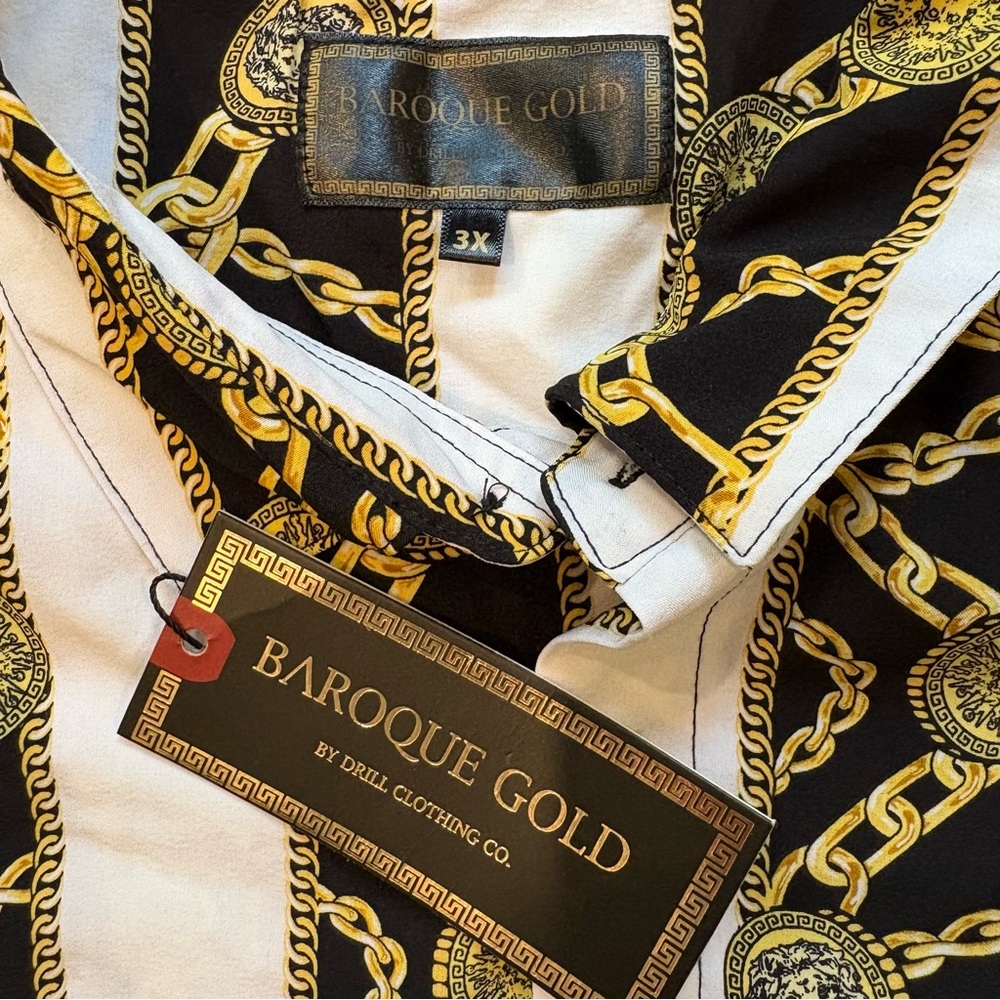 NWT Drill Clothing Baroque Gold Italian Designer Style Shirt Medus Chains, 3X - Picture 8 of 9